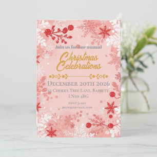 Convite Flocos de Neve Festivos Brancos e Rosas