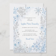 Flocos de Neve Florais Azul Prata Inverno Sweet 16