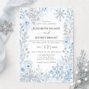 Convite Flocos de Neve Florais Prata Azul Casamento de Inv