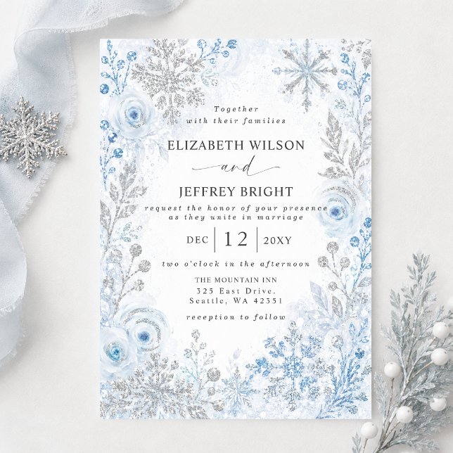 Convite Flocos de Neve Florais Prata Azul Casamento de Inv (Silver Blue Snowflakes Floral Winter Wedding Invitation)