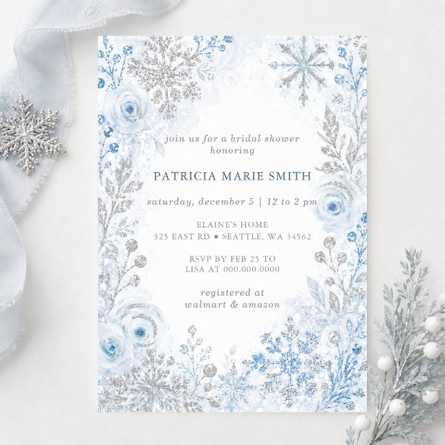 Convite Flocos de Neve Florais Prata Azul Chuveiro de Noiv (Silver Blue Snowflakes Floral Winter Bridal Shower Invitation)