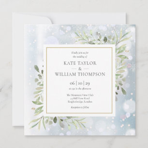 Convite Flocos de Neve Folhas de Aquarela Verde Casamento
