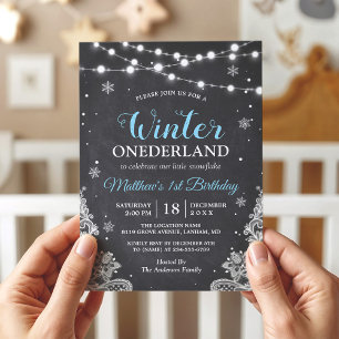 Convite Flocos de neve Lace Baby Boy Primeiro Aniversário