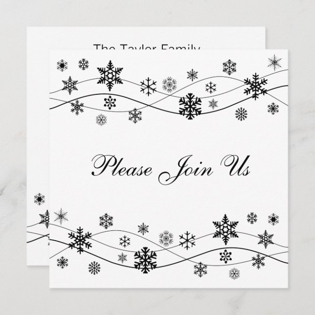 Convite Flocos de neve na moda Pretos (Frente/Verso)