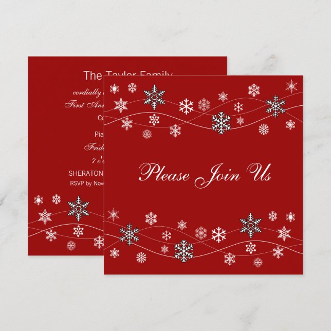 Convite Flocos de neve na moda Pretos em Vermelho (Frente/Verso)