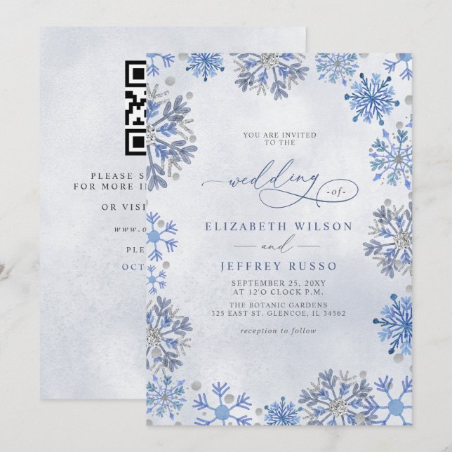 Convite Flocos de Neve Prata Azul Casamento Código QR de I (Frente/Verso)