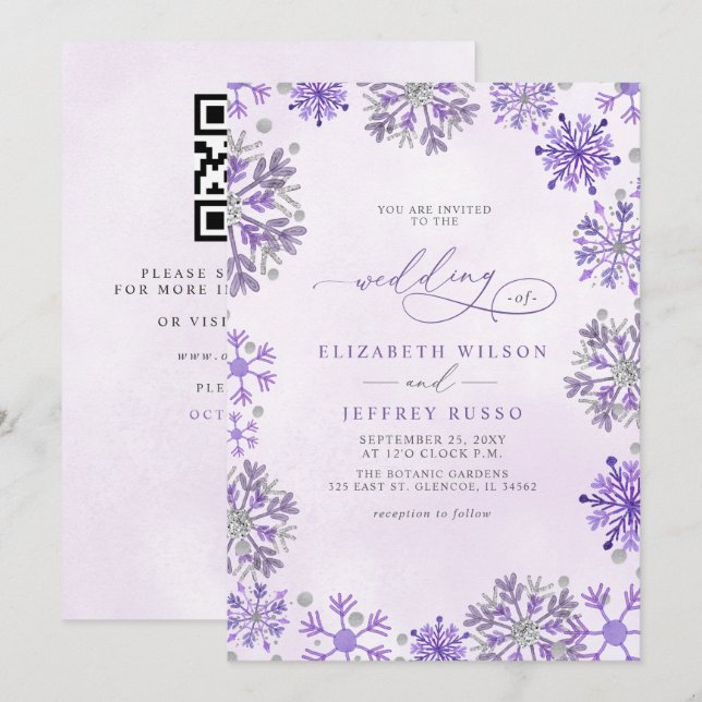 Convite Flocos de Neve Prata Roxo Inverno Código QR Casame (Frente/Verso)