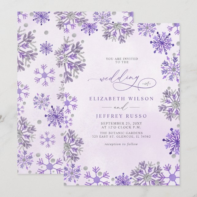 Convite Flocos de Neve Prata Roxo Natal Inverno Casamento (Frente/Verso)
