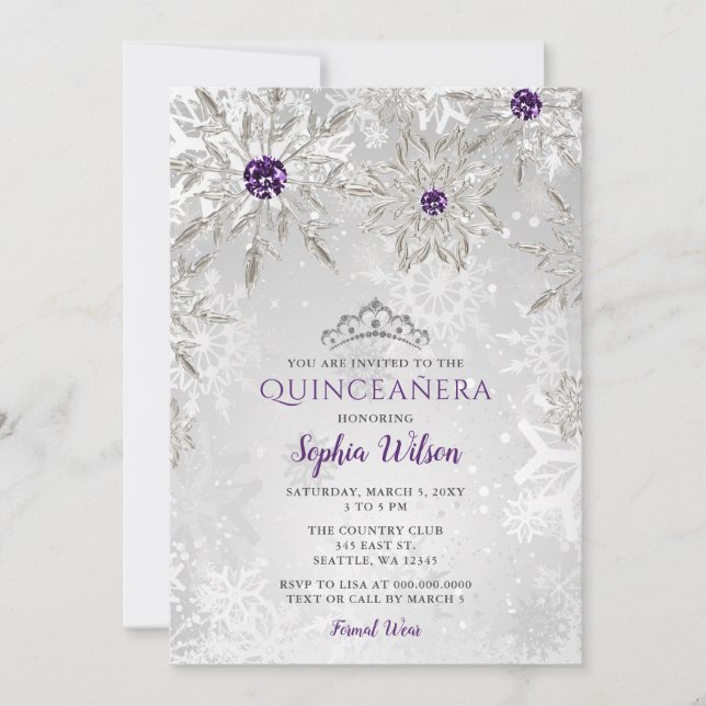 Convite Flocos de neve prateados Tiara Quinceañera (Frente)