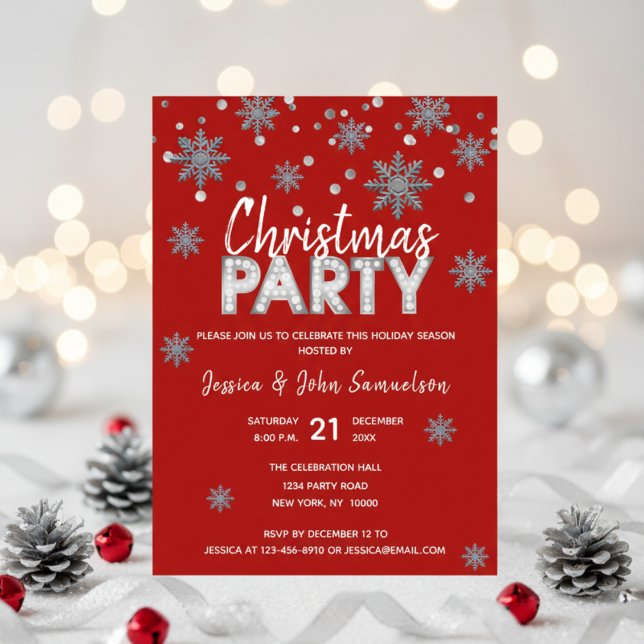 Convite Flocos de neve RED Silver Holiday CHRISTMAS PARTID (Snowflakes RED Silver Holiday CHRISTMAS PARTY Invitation)
