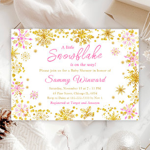 Convite Flocos de Neve Rosa e Dourado Chás de Bebê de Inve