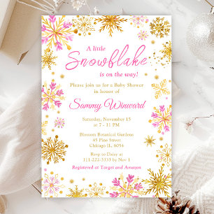 Convite Flocos de Neve Rosa e Dourado Chuvinha de Bebê de 