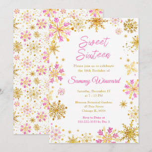 Convite Flocos de neve rosa e Dourados Winter Sweet 16