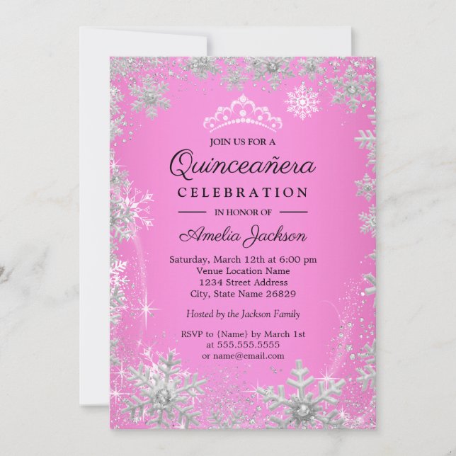 Convite Flocos de neve rosa Quinceanera Winter Wonderland (Frente)