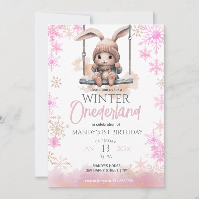 Convite Flocos de neve rosados primeiro aniversario de inv (Frente)
