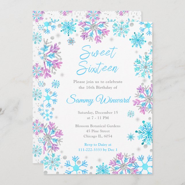 Convite Flocos de neve roxos e azuis doces 16 (Frente/Verso)