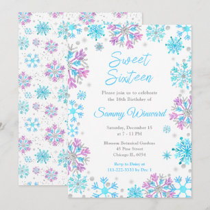 Convite Flocos de Neve Roxos e Azuis Sweet Sixteen