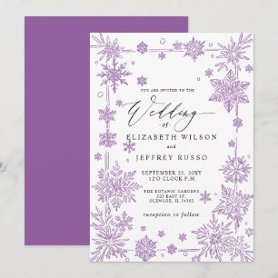 Convite Flocos de neve roxos elegantes Casamento de Invern