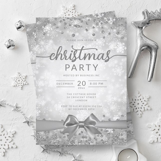 Convite Flocos de Neve Silver Winter (Silver Winter Snowflakes Company Ribbon Invitation)