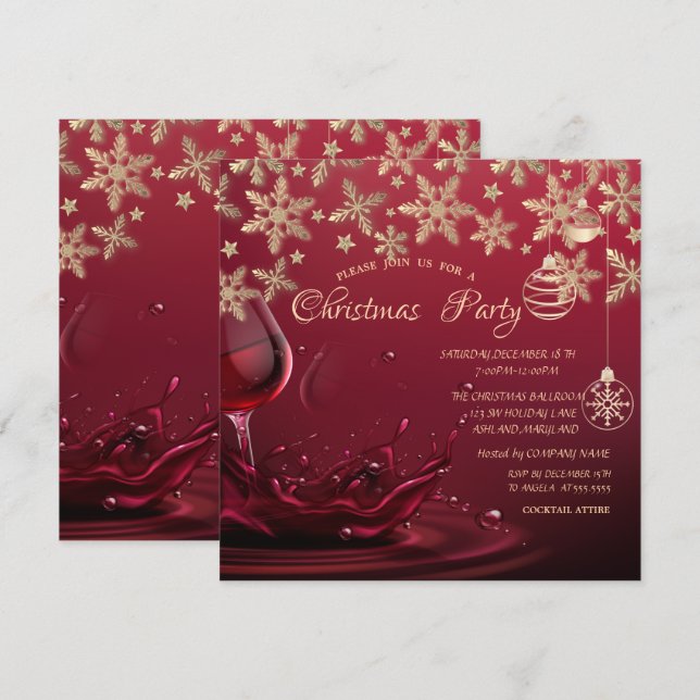 Convite Flocos de neve, taça de vinho, bolas Natal corpora (Frente/Verso)