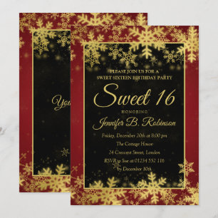 Convite Flocos de neve vermelho e dourado do aniversário d