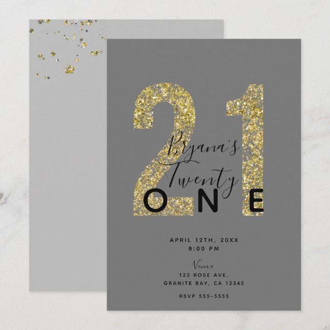Convite Flocos de Ouro Cinza Mínimo Brilho 21 Aniversário  (Frente/Verso)