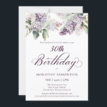 Convite Flor aniversário de 30 anos Purple Primavera Lilac<br><div class="desc">Lilases púrpuras de aquarela suave criam um convite para aniversário de 30 anos de primavera bonito. A caligrafia adiciona uma estética elegante. Todo o texto é editável para que você possa definir o tom certo. Você também pode mudar fontes e cores facilmente. Este convite para aniversário de 30 anos está...</div>