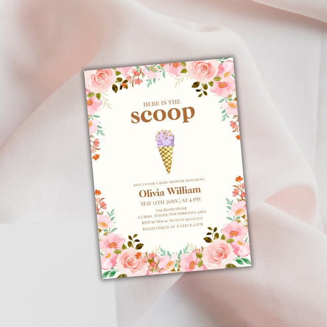 Convite Flor Aqui está o Chá de fraldas do Sorvete Scoop (Flower Here's The Scoop Ice Cream Baby Shower Invitation)