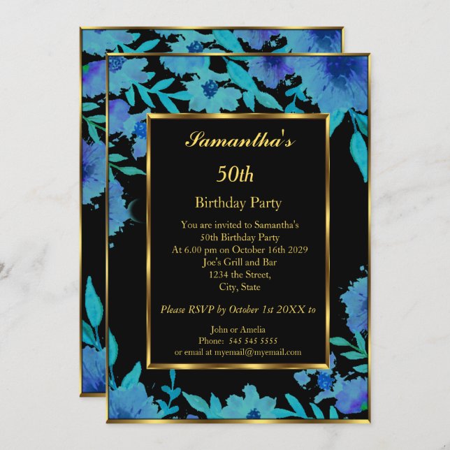 Convite Flor Azul Dourada, 50.a Festa de aniversário Flora (Frente/Verso)
