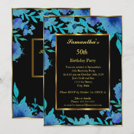 Convite Flor Azul Dourada, 50.a Festa de aniversário Flora
