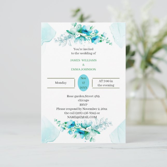Convite Flor Azul Elegante De Casamento Personalizado (Em pé/Frente)