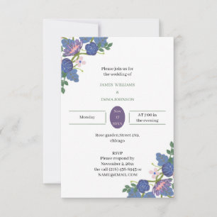 Convite Flor Azul Elegante de Casamento Personalizado