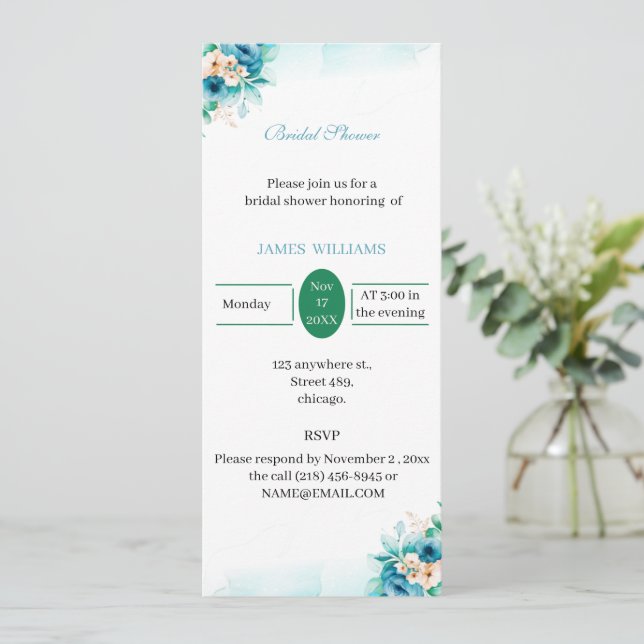 Convite Flor Azul Elegante do Chá de panela Personalizado (Em pé/Frente)