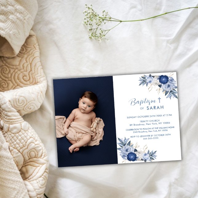 Convite Flor Azul Elegante Foto Cruzada Batismo (Elegant Blue Flower Photo Cross Baptism Invitation)