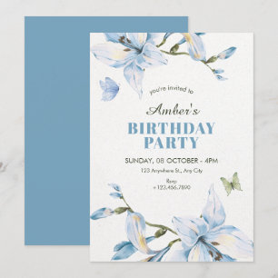 Convite Flor azul estética floresce aniversário