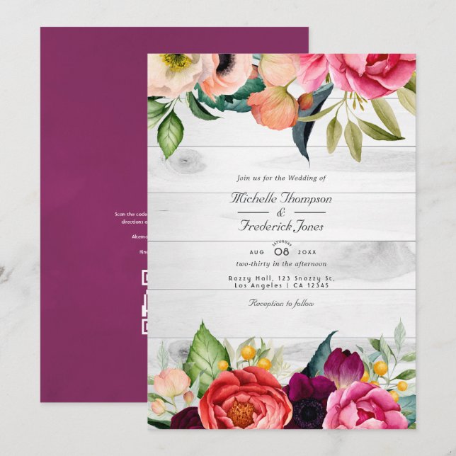 Convite Flor Boho Rústico Boêmio Código QR RSVP Casamento  (Frente/Verso)