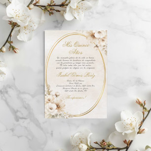 Convite Flor branca bege Quinceanera espanhola