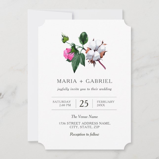Convite Flor branca de algodão. Casamento botânico russo (Frente)
