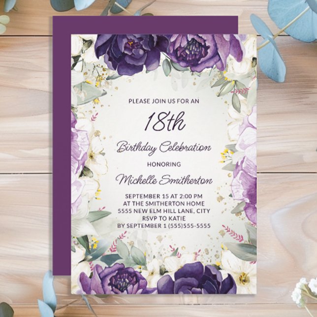 Convite Flor Branca Elegante Roxo Brilhante 18º Aniversári (Purple floral women's 18th birthday party invitation)