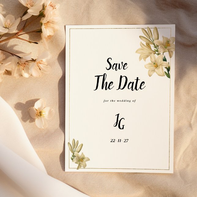Convite Flor branca-lírio-verde-de-ouro Elegante Salvar a  (Elegant gold green white lily flower Save The Date)