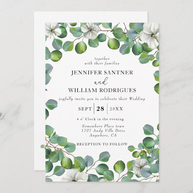Convite Flor Branca Rústica e Casamento Eucalyptus (Frente/Verso)