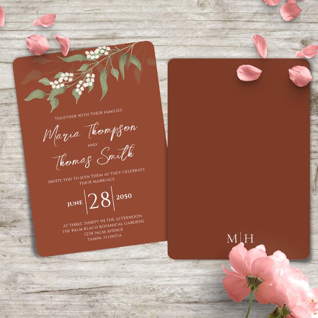 Convite Flor Branco Floral Terracotta Elegante (Terracotta elegant wedding invitation with watercolor greenery and foliage. )