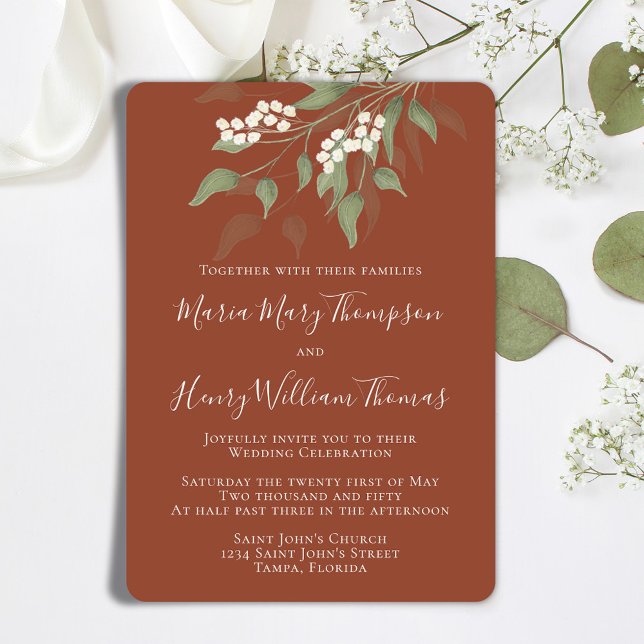 Convite Flor Branco Floral Terracotta Elegante (Terracotta elegant wedding invitation with watercolor greenery and foliage. )