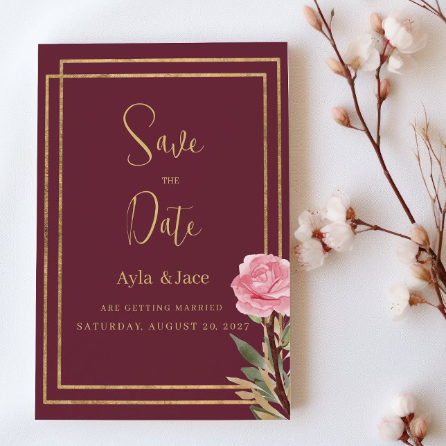 Convite Flor cor-de-rosa-burguesa geométrica Salve a data (Geometric burgundy gold pink flower Save the Date)