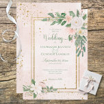 Convite Flor Cor-de-rosa e branco embebido com casamento D<br><div class="desc">Linda pincelada e flores brancas, elogiadas pelo simples sotaque verde de dois cantos deste convite. O design está sobre um fundo de aquarela com pincel suave e é acentuado por caixas de brilho douradas falsas e esplatters dourados falsos. Os carregares traseiros sobre o fundo da aquarela e o ouro. Simples,...</div>