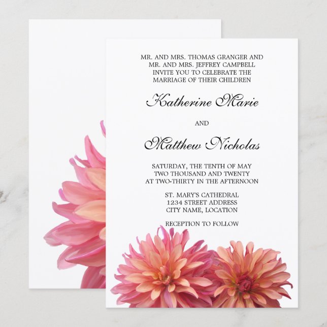 Convite Flor Dahlia pintada em rosa e coral (Frente/Verso)