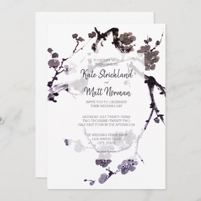 Convite Flor de ameixa sumi-e (Frente/Verso)