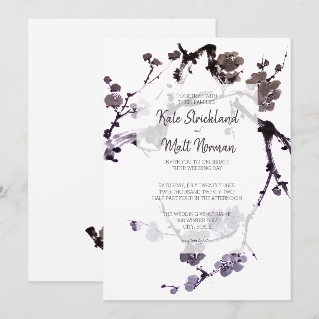 Convite Flor de ameixa sumi tinta (Frente/Verso)