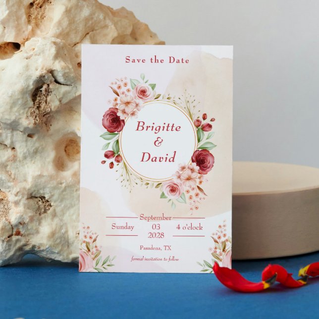 Convite Flor de Aquarela de Pêssego Elegante Salve a data (Criador carregado)