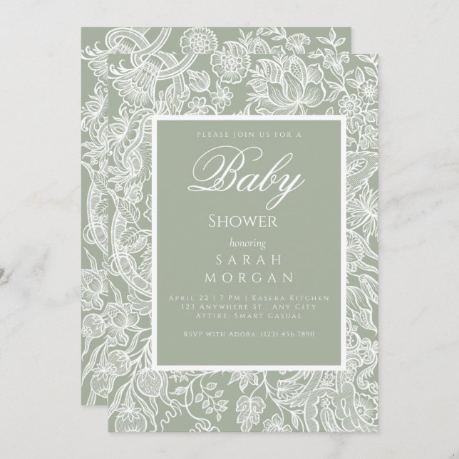 Convite Flor de Arte Verde Simples Sage (Frente/Verso)